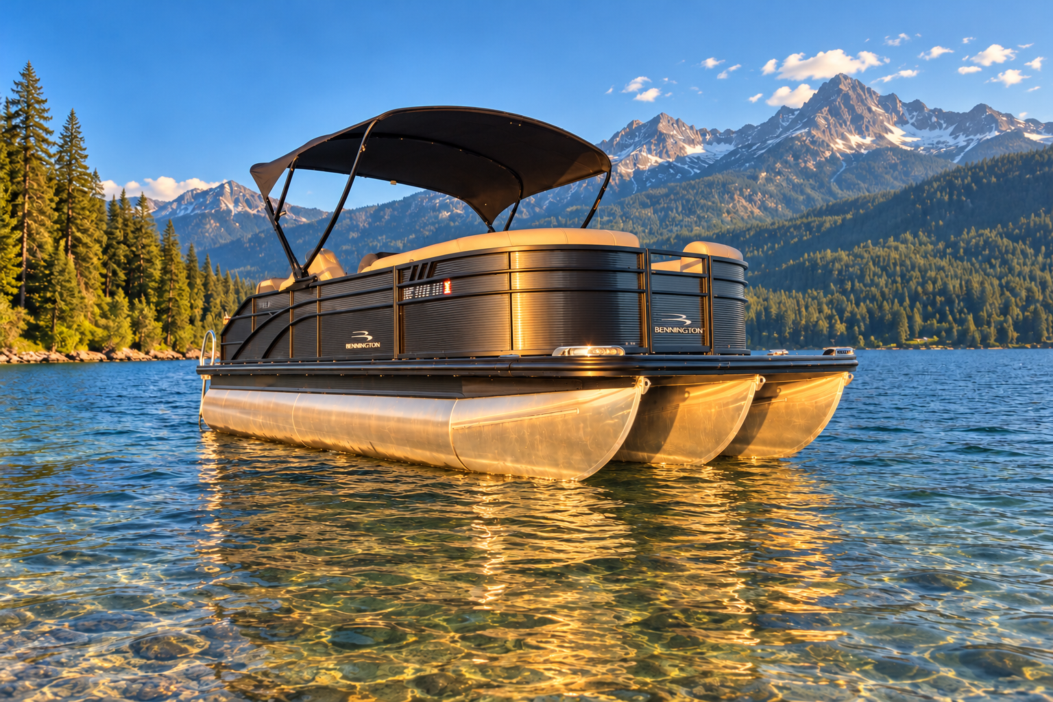Alpine Benni concept image: a black Bennington pontoon boat against a mountain lake backdrop